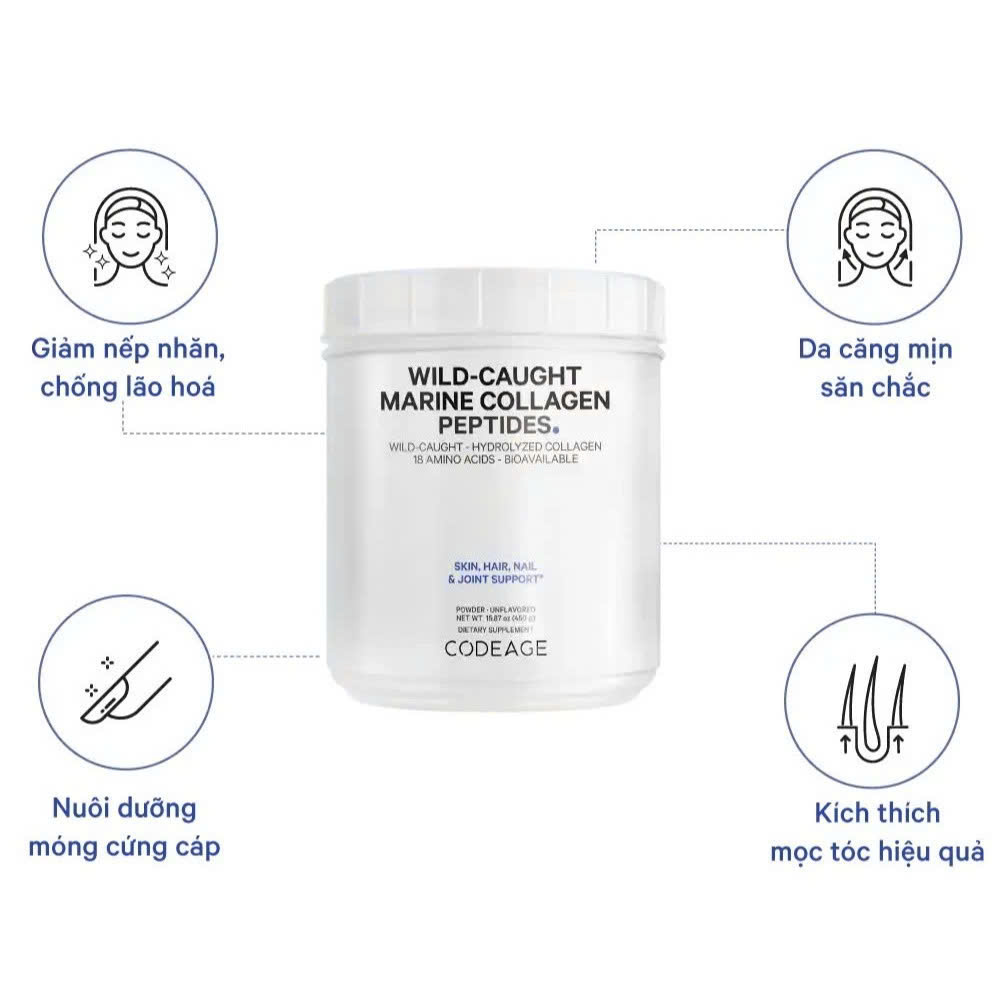 Bột Collagen Tổng Hợp Giúp Trẻ Hoá Làn Da CodeAge Multi Collagen Peptides & Marine Collagen Peptides USA 567g & 450g
