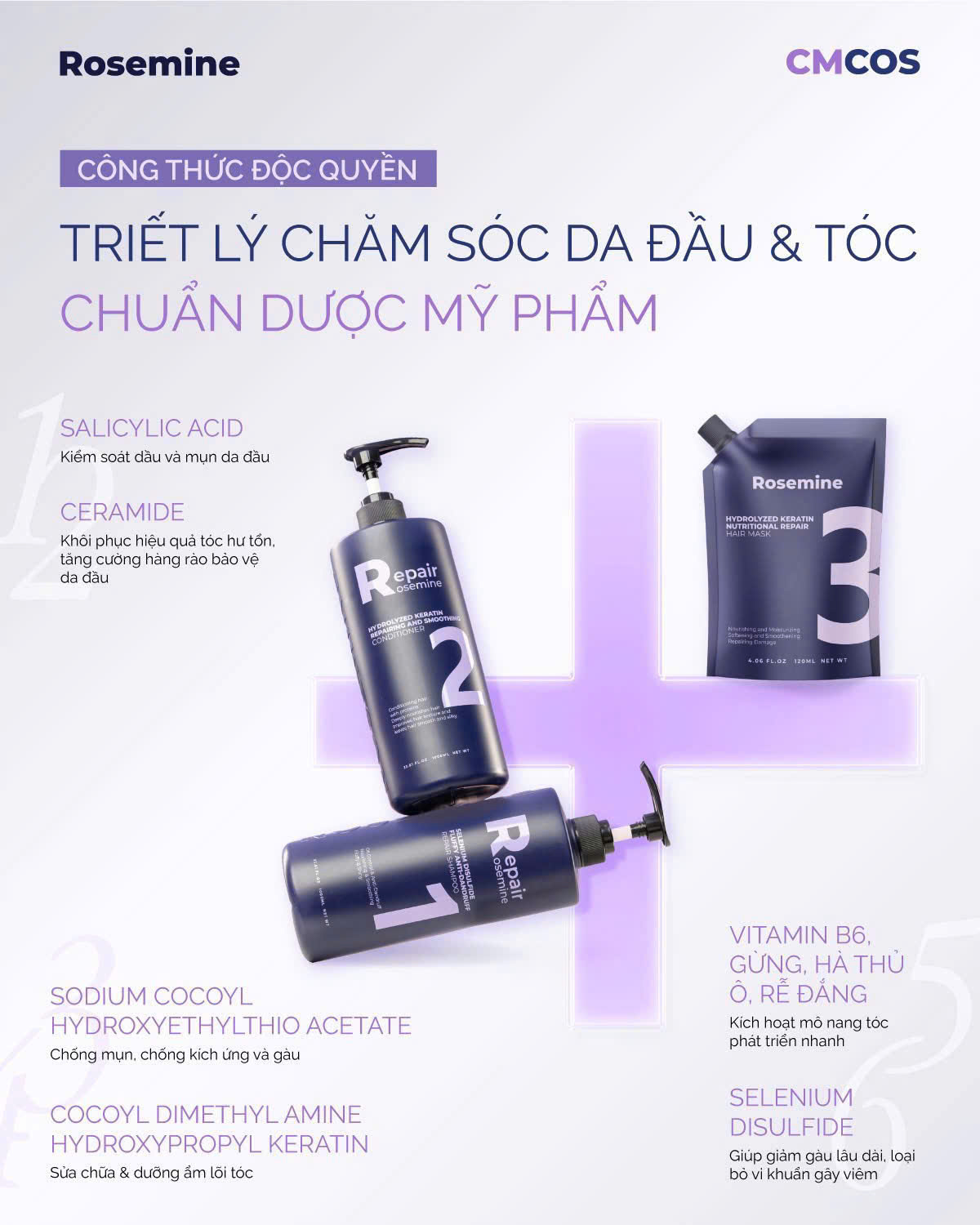 Combo Dầu Gội & Xả Phục Hồi, Làm Phồng Tóc, Giảm Gãy Rụng Rosemine Repair Hàn Quốc 500ml x 2 & 1000ml x 2