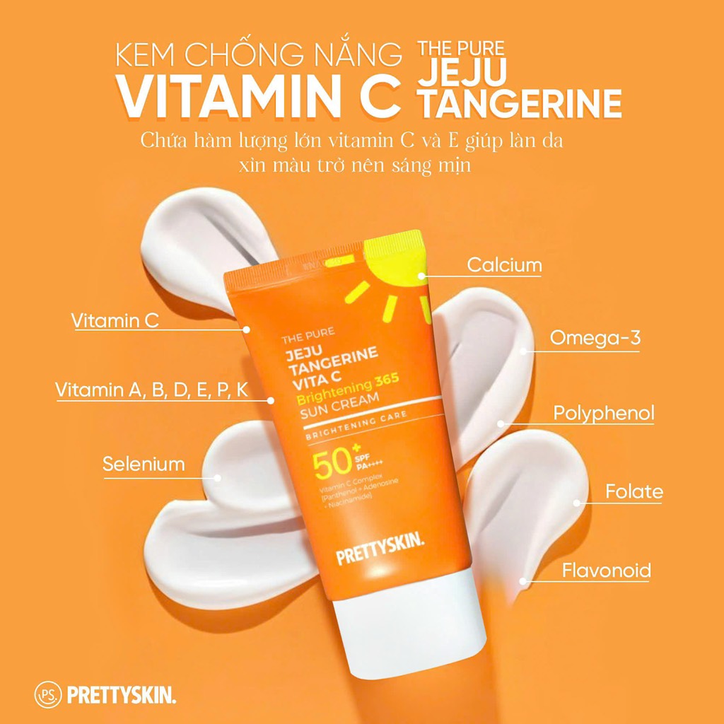 Kem Chống Nắng Quýt Đỏ Vitamin C Prettyskin The Pure Jeju Tangerine Vita C Brightening 365 Sun Cream Hàn Quốc 50ml