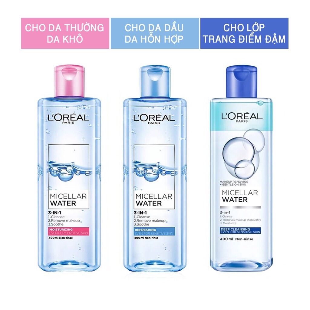 Nước tẩy trang Paris 3 in 1 Loreal Micellar Water Refreshing 400ml