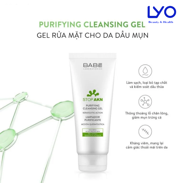 Sữa rửa mặt BABE Stop AKN Purifying Cleansing Gel cho da dầu mụn 100ML