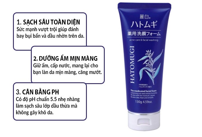Sữa Rửa Mặt Ý Dĩ Hatomugi The Medicated Facial Foam 130g (Màu Xanh)
