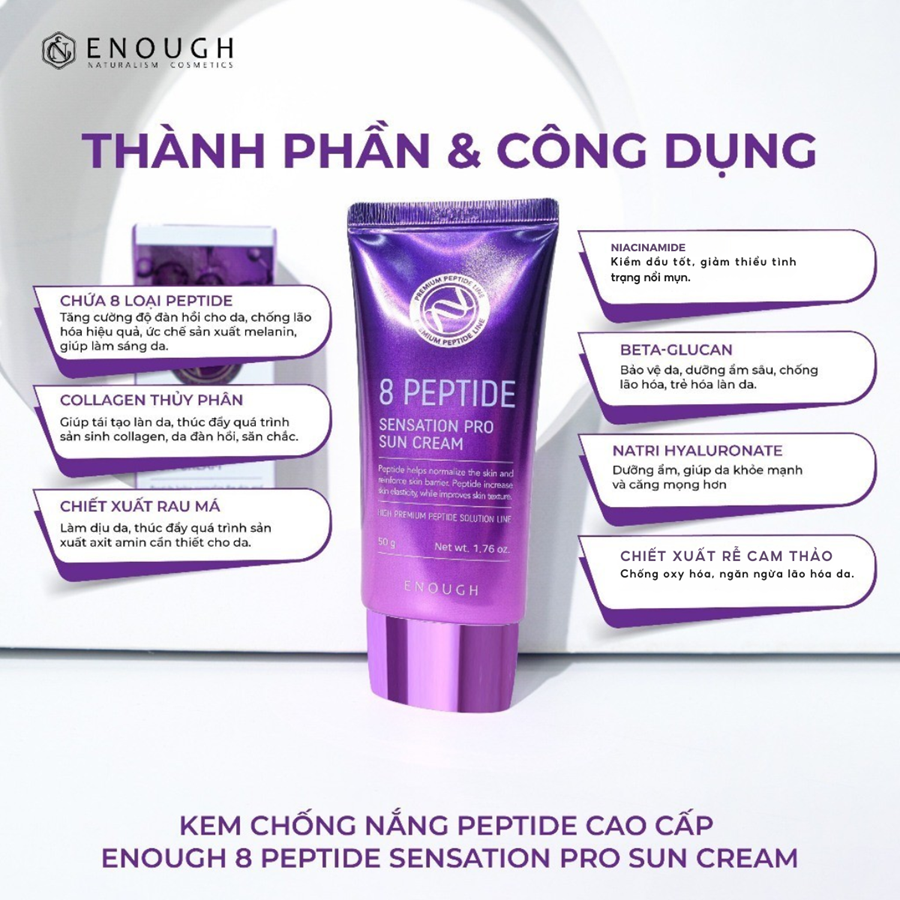 Kem Chống Nắng Bảo Vệ Da, Dưỡng Ẩm Enough Collagen 3in1/ Ultra X10 / 8 Peptide SPF50 PA+++ Sun Cream Hàn Quốc 50g