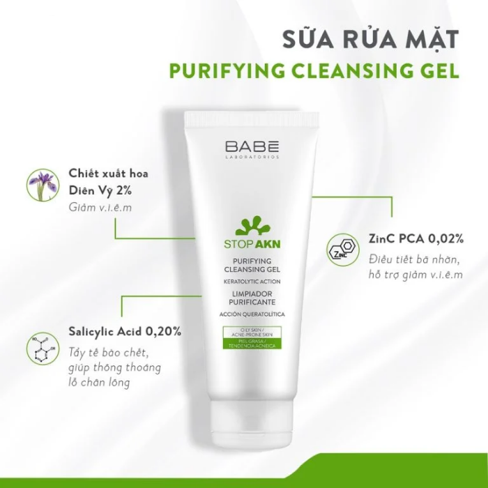 Sữa rửa mặt BABE Stop AKN Purifying Cleansing Gel cho da dầu mụn 100ML
