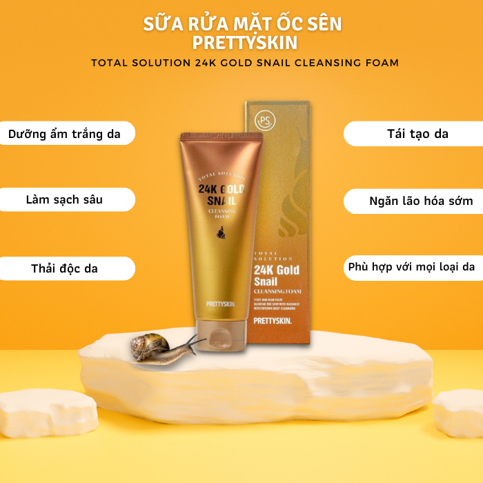 Sữa rửa mặt Ốc Sên Prettyskin Total Solution 24K Gold Snail Cleansing Foam 150ml