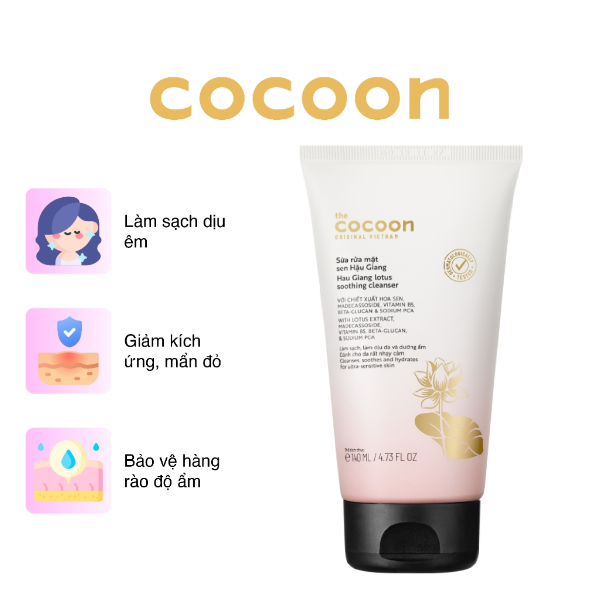 Sữa Rửa Mặt Thuần Chay Sen Hậu Giang Cocoon Hau Giang Lotus Soothing Cleanser Làm Sạch Da Dịu Nhẹ, Giữ Ẩm 140ml