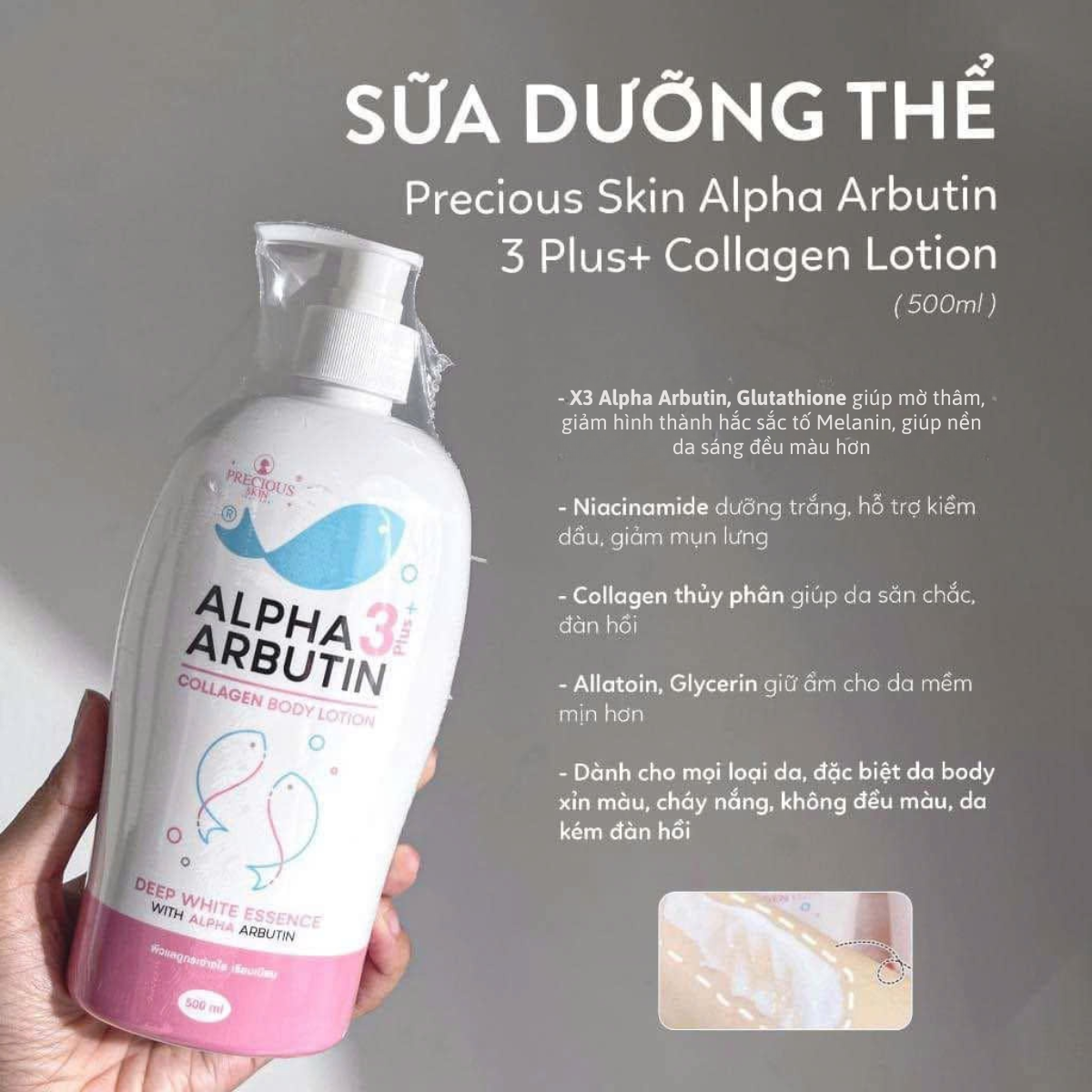 Sữa Dưỡng Thể Trắng Da, Giúp Da Săn Chắc, Đàn Hồi Alpha Arbutin 3 Plus Collagen Lotion Thái Lan 500ml