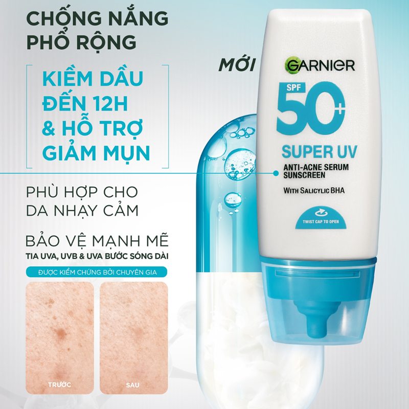 Kem Chống Nắng Phổ Rộng Kiềm Dầu & Giảm Mụn Garnier Super UV Anti - Acne / Invisible Serum Sunscreen SPF 50+PA++++ 30ml