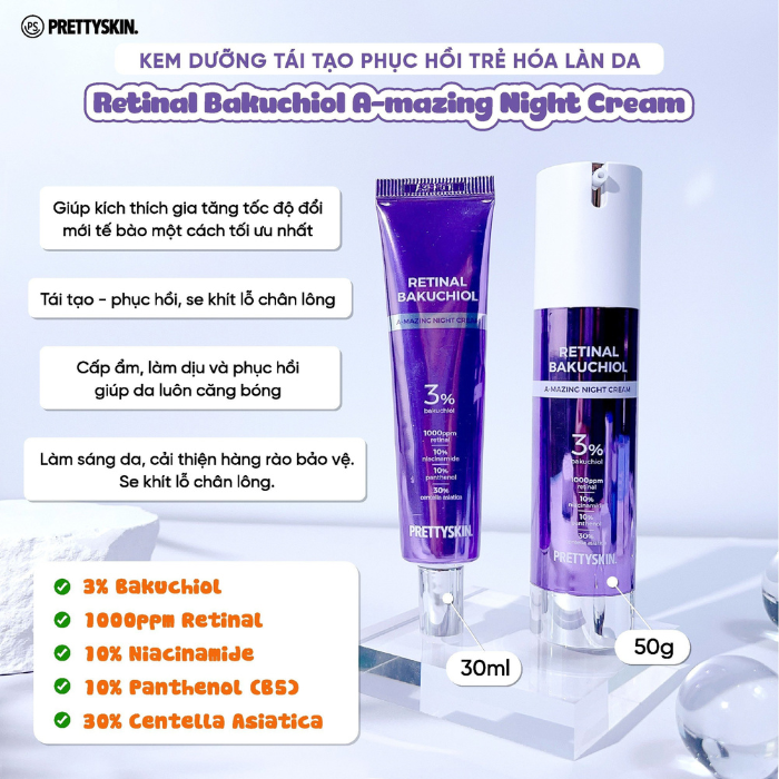Kem dưỡng tái tạo phục hồi Prettyskin Retinal Bakuchiol A-Mazing night cream - Tuýp 30ml