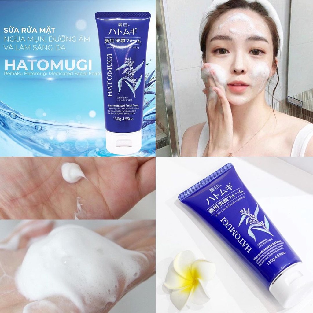 Sữa Rửa Mặt Ý Dĩ Hatomugi The Medicated Facial Foam 130g (Màu Xanh)