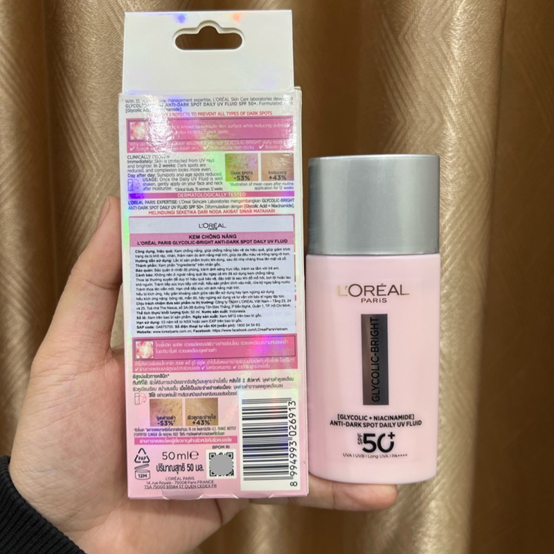 Kem Chống Nắng Tối Ưu Da Nhạy Cảm L’Oréal Paris Glycolic-Bright Anti-Dark Spot Daily Uv Fluid Pháp 50ml