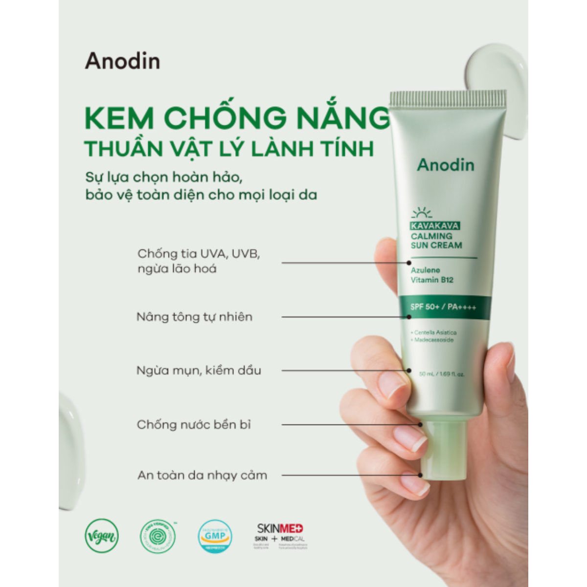 Kem Chống Nắng Nâng Tone Cho Da Dầu, Nhạy Cảm Anodin Kava Kava Calming Sun Cream Hàn Quốc 50ml