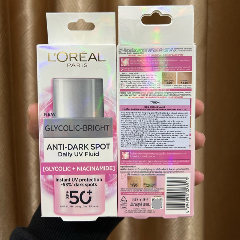 Kem Chống Nắng Tối Ưu Da Nhạy Cảm L’Oréal Paris Glycolic-Bright Anti-Dark Spot Daily Uv Fluid Pháp 50ml