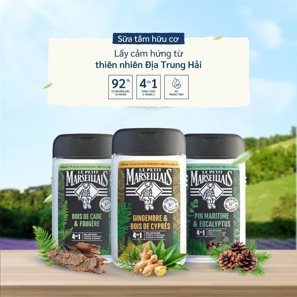 e810 - Sữa Tắm Gội Nam Hữu Cơ 92% Le Petit Marseillais Pháp 250ml 4in1 Với Hương Thơm Nam Tính