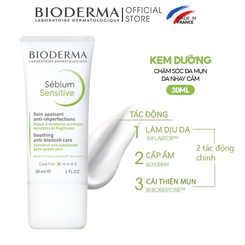 Kem dưỡng giảm mụn viêm nhạy cảm Bioderma Sebium Sensitive - 30 ml