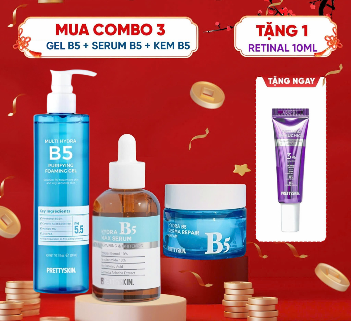 d996 - Combo - 3 Sản Phẩm B5 Prettyskin (Gel Rửa Mặt + Serum Bản Thường + Kem Dưỡng) + 1 Quà Tặng Kem Dưỡng Retinal 10ml