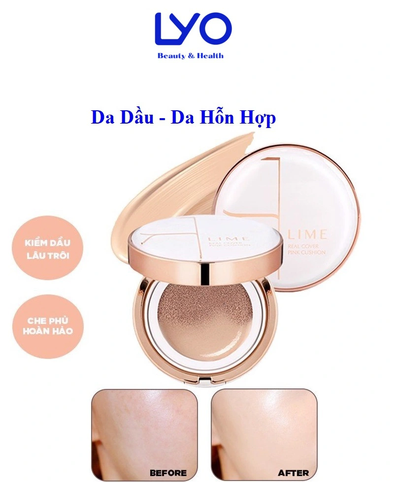 Phấn nước Lime V Collagen Ample Cushio SPF50+ PA+++ (Màu xanh) và Real Cover Pink Cushion SPF50+ PA+++ (Màu trắng)