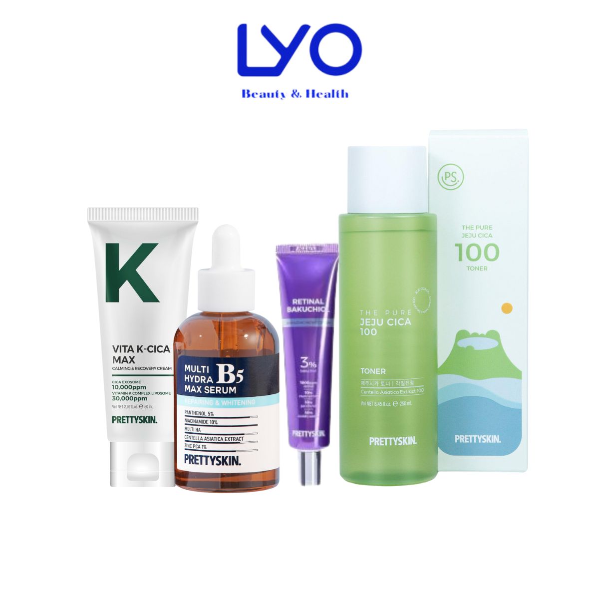 e711 - Prettyskin - Combo 4 sp dưỡng trắng, giảm nám, cấp ẩm (Toner rau má, Serum B5, Kem dưỡng Vita K, Retinal 3%)