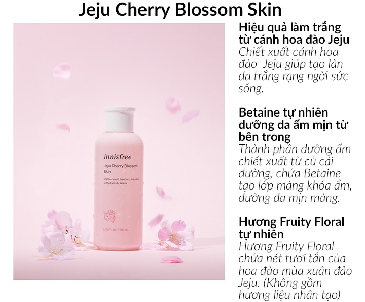 Nước hoa hồng cân bằng sáng da và dưỡng ẩm Innisfree Jeju Cherry Blossom Skin 200ml