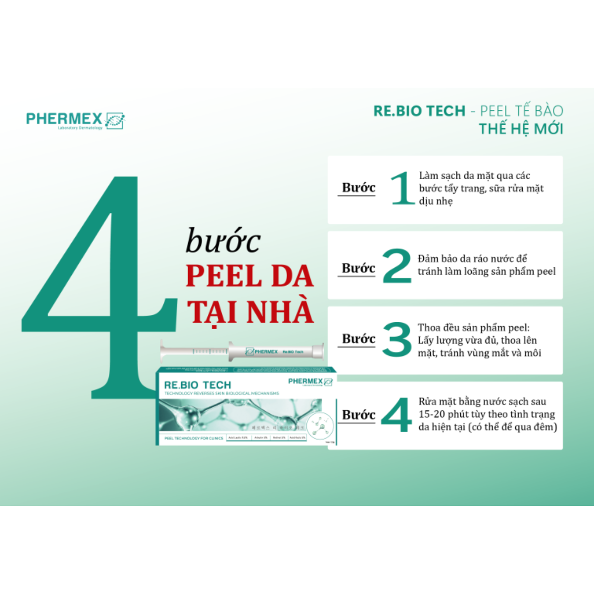 Peel Tế Bào Thế Hệ Mới Tái Sinh Trắng Da Phermex Re.BIO Tech Hỗ Trợ Giảm Mụn, Mờ Thâm Hàn Quốc 1.5g