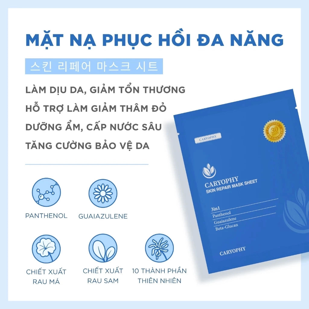 Lẻ 1 Miếng Mặt Nạ Caryophy Skin Repair Mask Sheet Phục Hồi Da, Dưỡng ẩm chuyên sâu 25g LYO