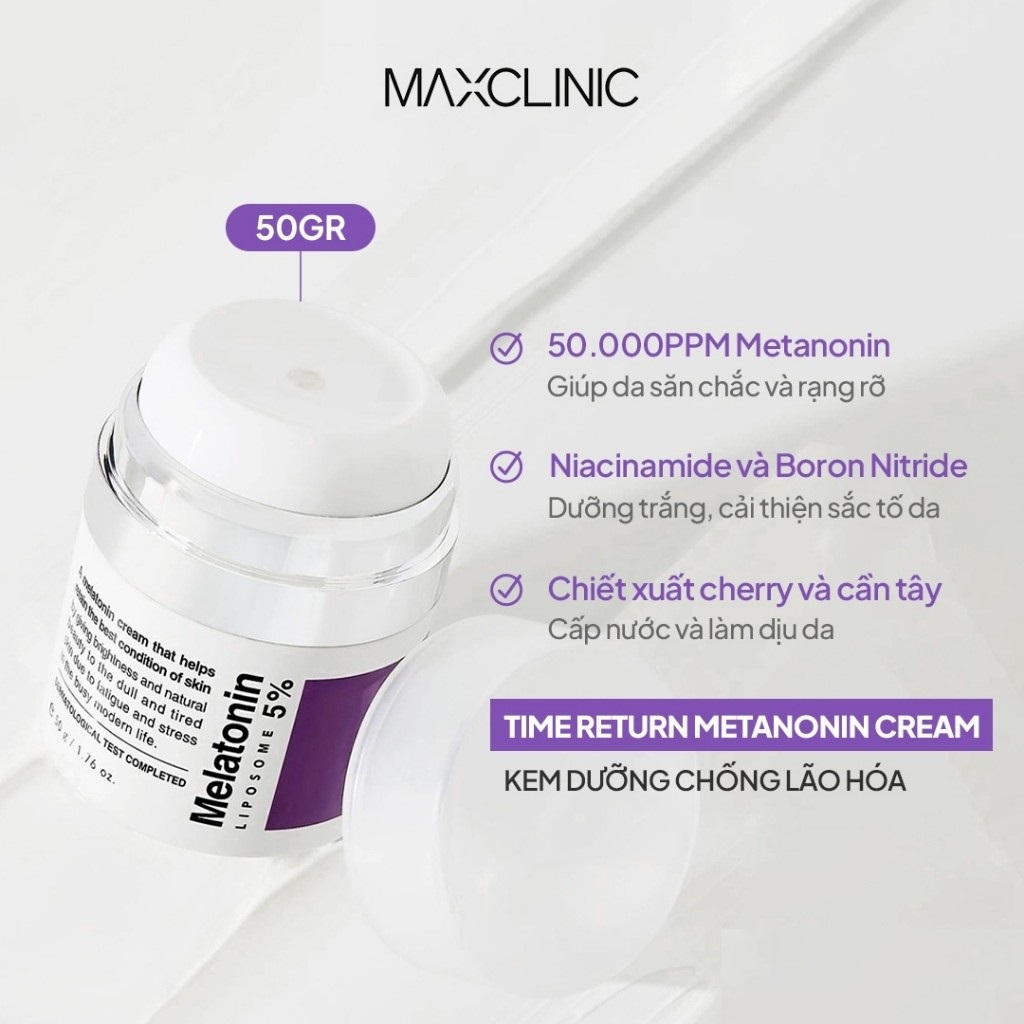 Kem Dưỡng Trắng Da Mờ Nám,Tàn Nhang, Chống Lão Hóa Maxclinic Time Return Melatonin Liposome 5% Cream 50g