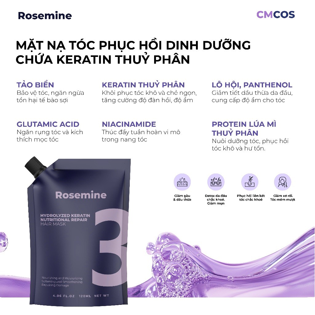 Mặt Nạ Ủ Tóc Keratin Thuỷ Phân Rosemine Giúp Phục Hồi, Giảm Gãy Rụng Tóc Hàn Quốc 120ml