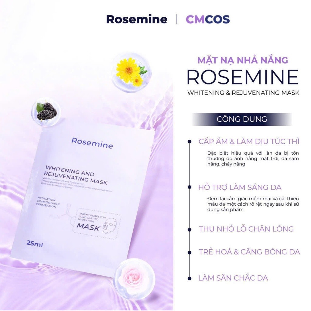 Combo 10 Miếng Mặt Nạ Cấp Ẩm, Phục Hồi, Dưỡng Sáng Da Rosemine Whitening And Rejuvenating Mask Hàn Quốc 25ml