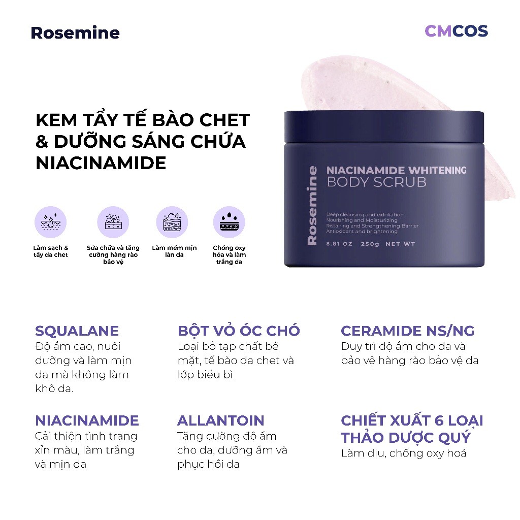 Tẩy Da Chết Body Dưỡng Trắng Da Rosemine Niacinamide Whitening Body Scrub Hàn Quốc 250g