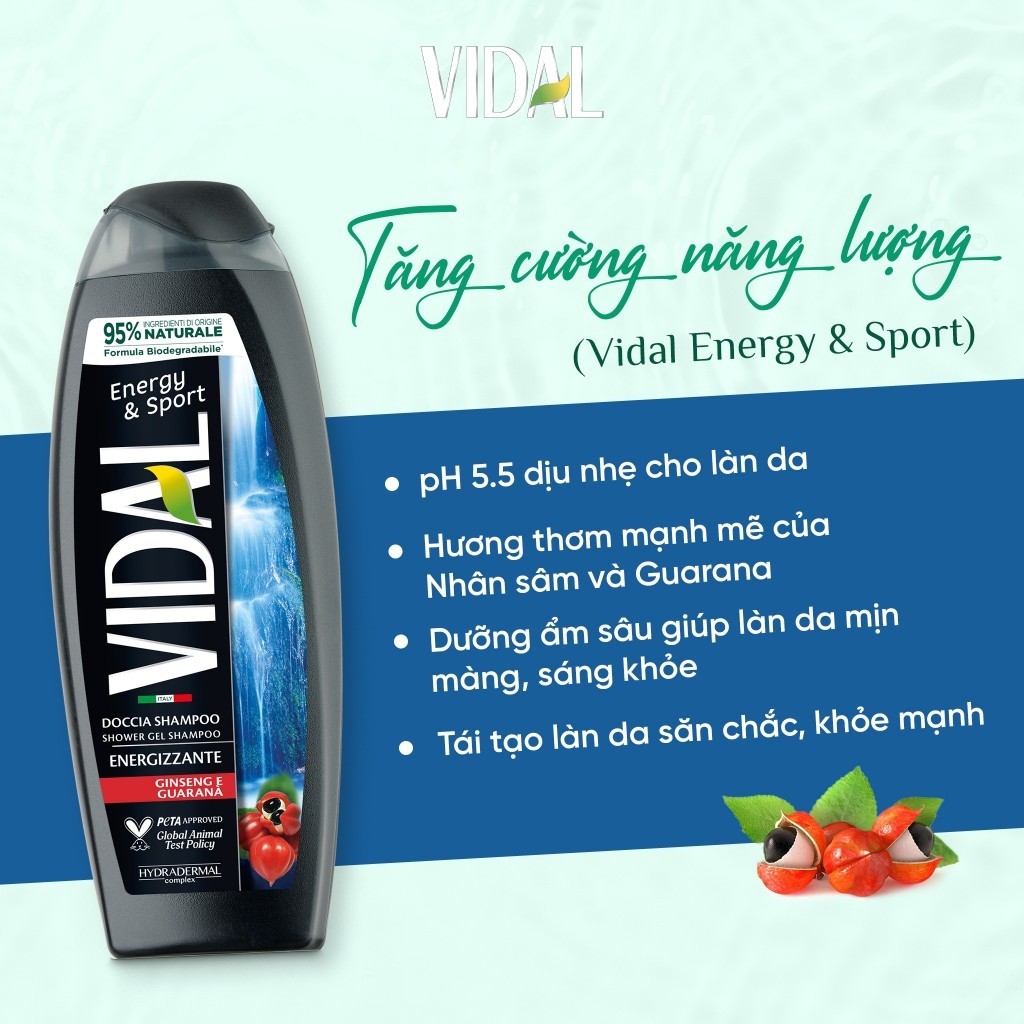 Dầu Gội 2 Trong 1 Ý Vidal Hương Thơm Quyến Rũ, Giúp Tóc Óng Mượt & Chắc Khỏe, Dành Cho Cả Gia Đình 250ml/500ml