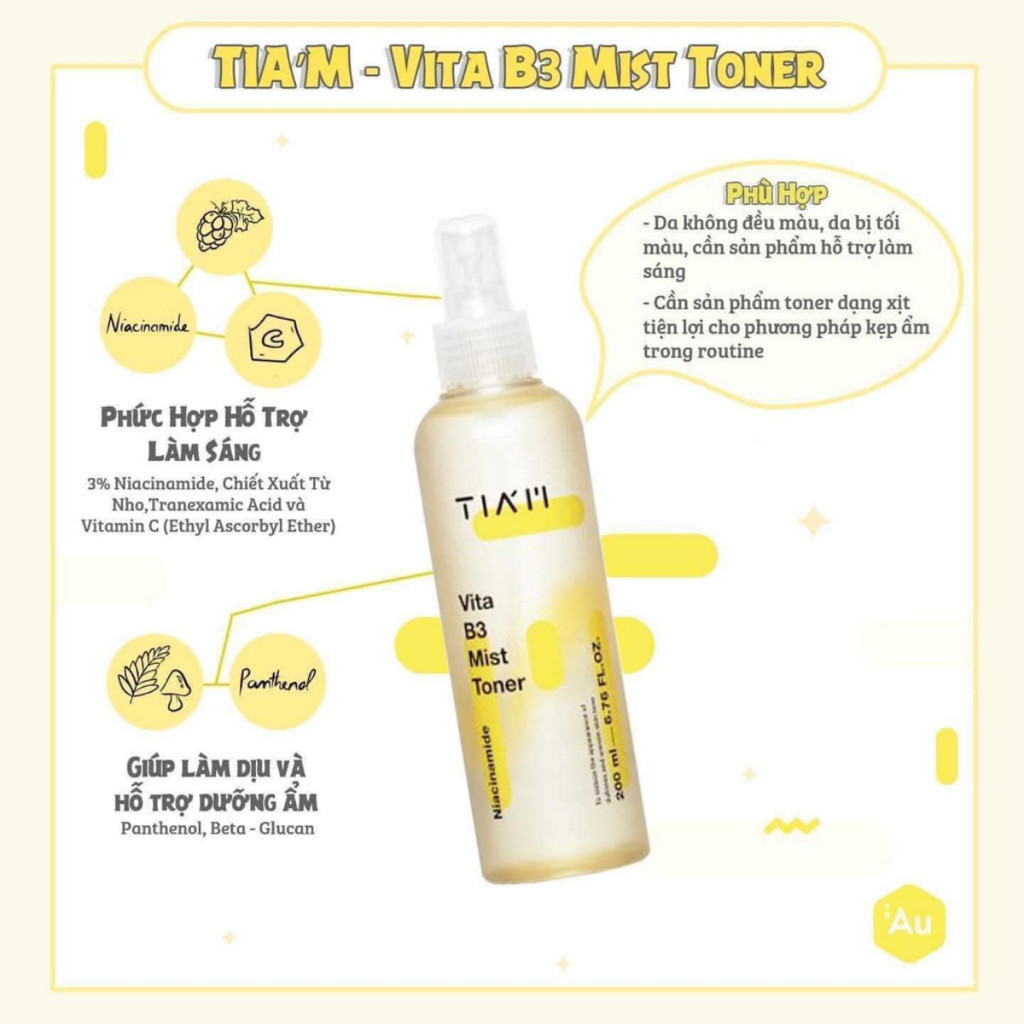 Nước hoa hồng dạng xịt Tia'm Vita B3 Mist Toner Tiam 200ml