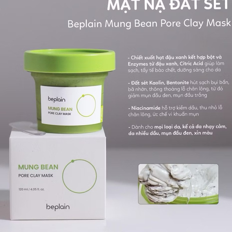 Mặt Nạ Đất Sét Đậu Xanh Giúp Giảm Mụn Đầu Đen, Tẩy Da Chết Beplain Mung Bean Pore Clay Mask Hàn Quốc 120ml