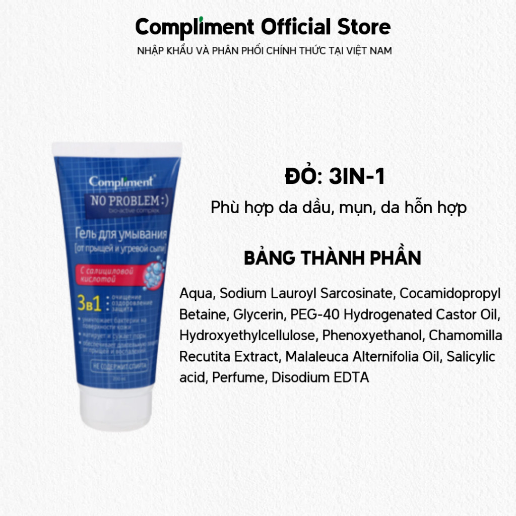 f143 - Gel Rửa Mặt Chứa BHA Compliment No Problem Sạch Sâu, Giảm Dầu Mụn Hàng Nga 200ml LYO