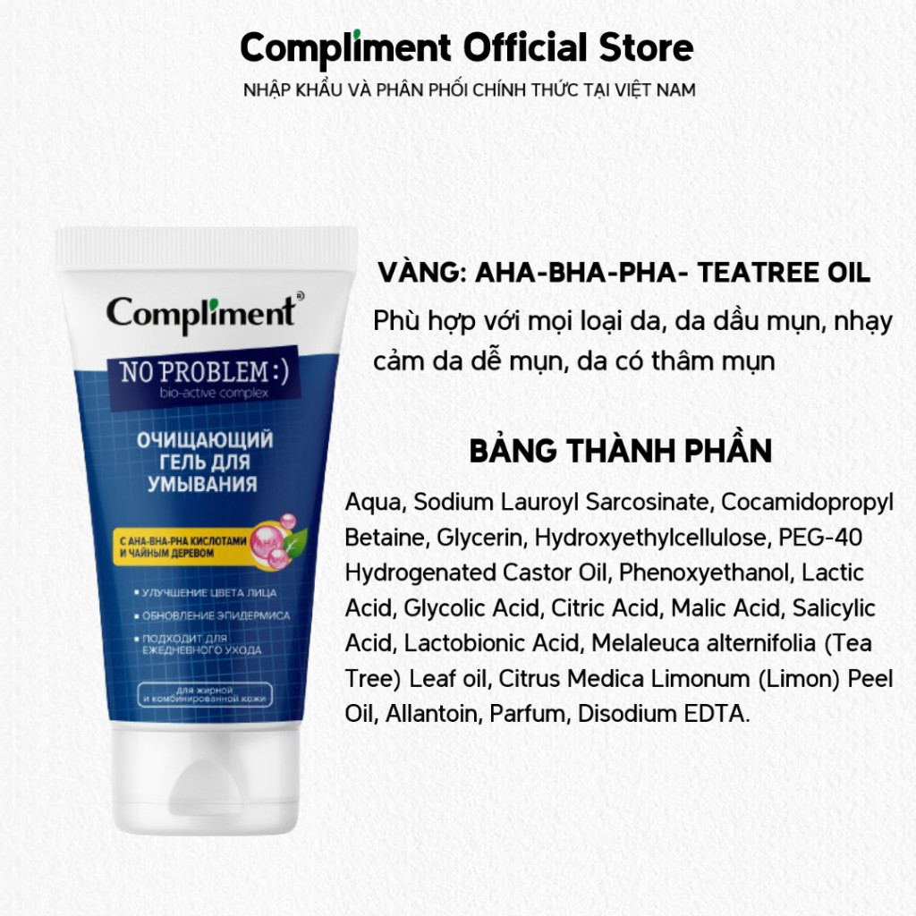 f143 - Gel Rửa Mặt Chứa BHA Compliment No Problem Sạch Sâu, Giảm Dầu Mụn Hàng Nga 200ml LYO