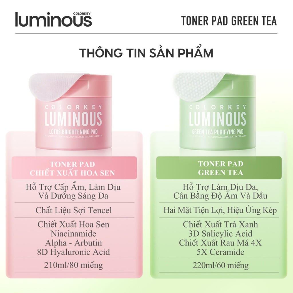 f274, f273 - Toner Pad Colorkey Luminous Hỗ Trợ Dưỡng Sáng, Cấp Ẩm, Làm Dịu Da Phù hợp với da nhạy cảm LYO