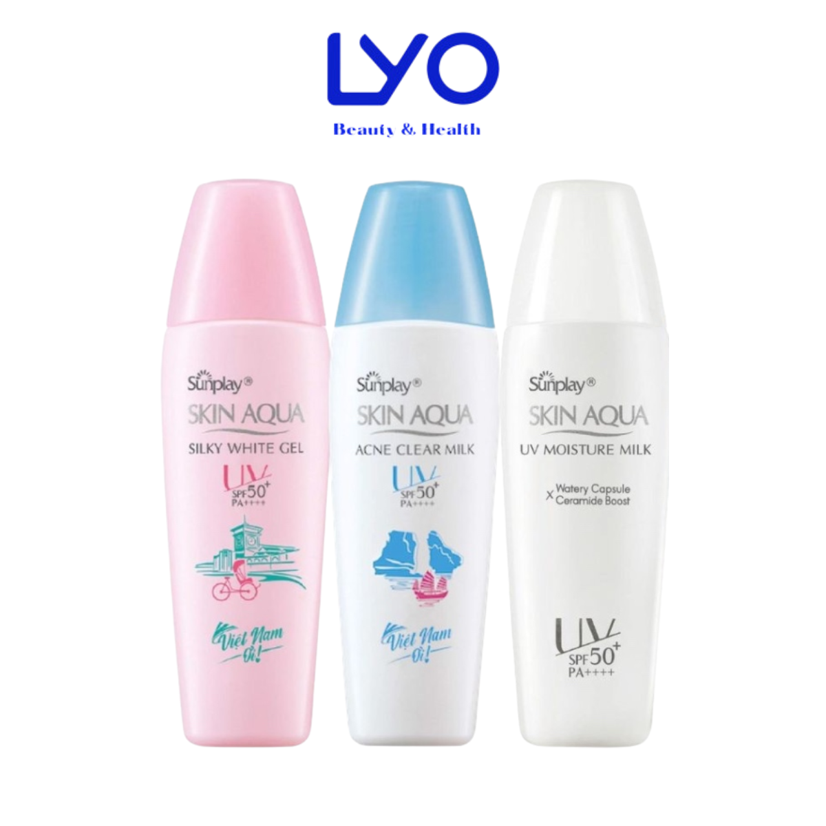 f421, f422, f423 - Sữa Chống Nắng Dưỡng Da Trắng Mịn Sunplay Skin Aqua Silky White Gel (Nắp Hồng), Ngừa Mụn (Nắp Xanh), Giữ Ẩm Sunplay Skin Aqua Uv Moisture Milk (Nắp Trắng)