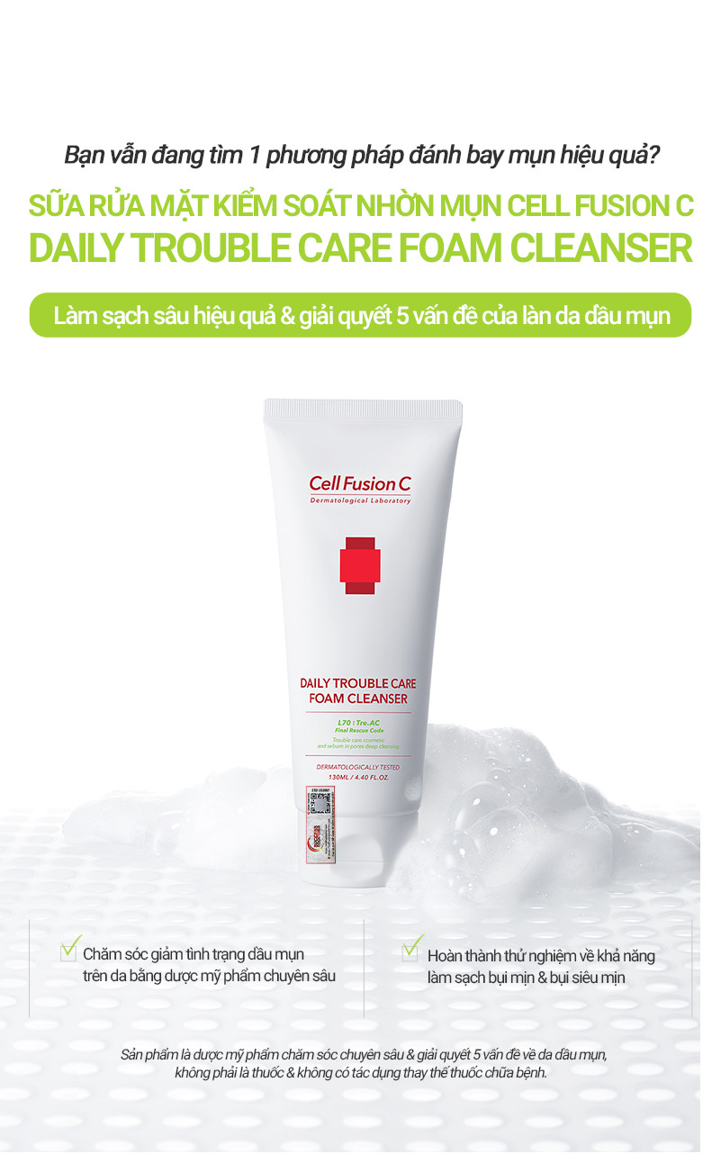 Sữa Rửa Mặt Làm Sạch Bụi Mịn Kiềm Dầu Giảm Mụn Cell Fusion C Daily Trouble Care Foam Cleanser