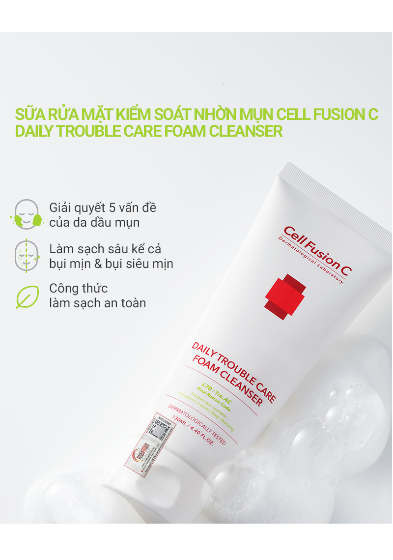 Sữa Rửa Mặt Làm Sạch Bụi Mịn Kiềm Dầu Giảm Mụn Cell Fusion C Daily Trouble Care Foam Cleanser