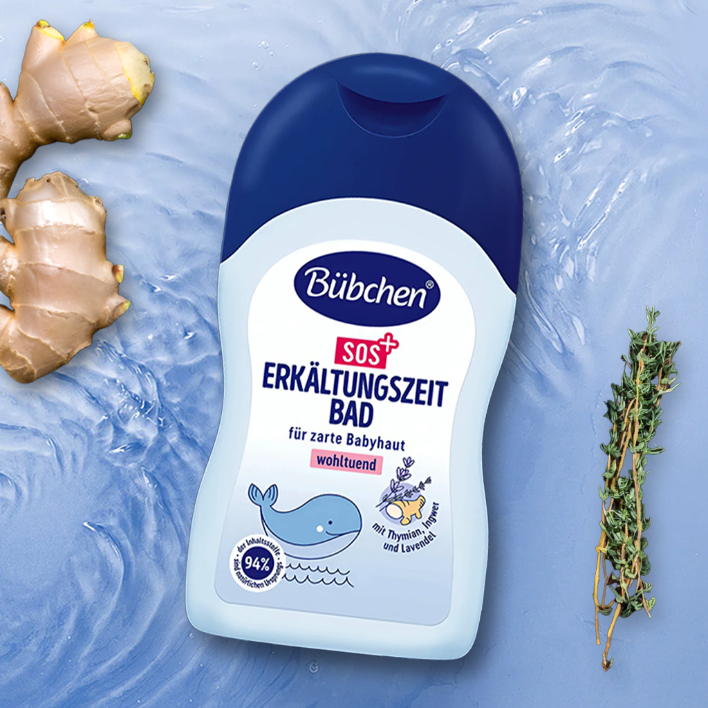 e758 - Dầu Tắm Cảm Thuần Chay Giữ Ấm Cơ Thể Bübchen SOS Erkältungszeitbad 150ml Cho Bé