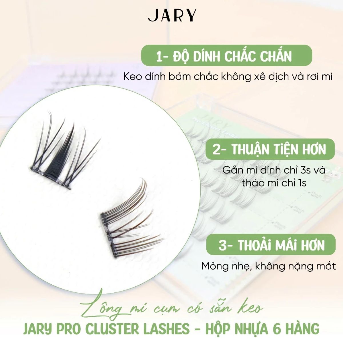 Lông Mi Cụm Cao Cấp Có Sẵn Keo Jary Pro Cluster Lashes Full Box Hộp Nhựa 6 Hàng