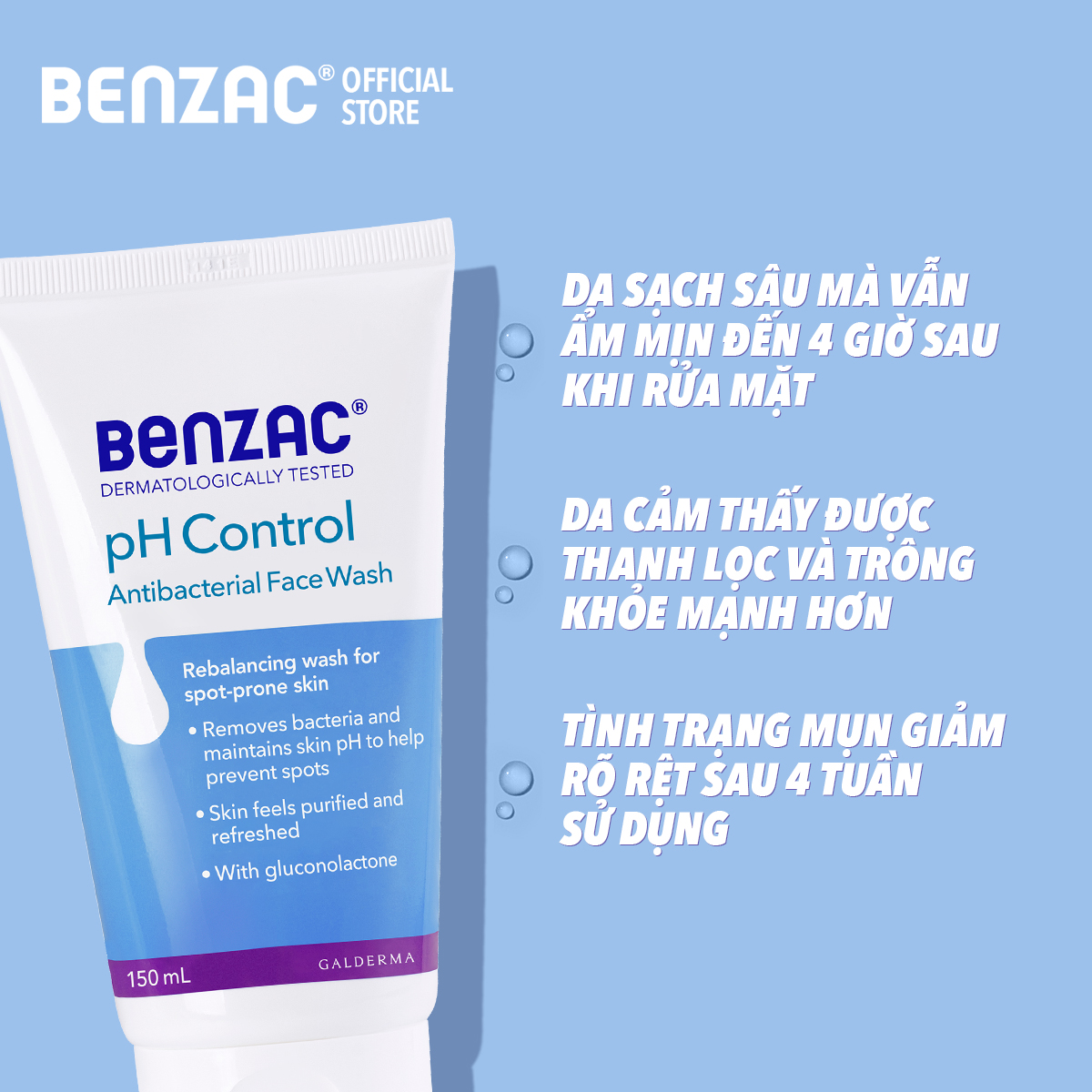 Sữa rửa mặt giúp diệt khuẩn & cân bằng pH cho da mụn BENZAC pH Control Antibacterial Wash 150ml
