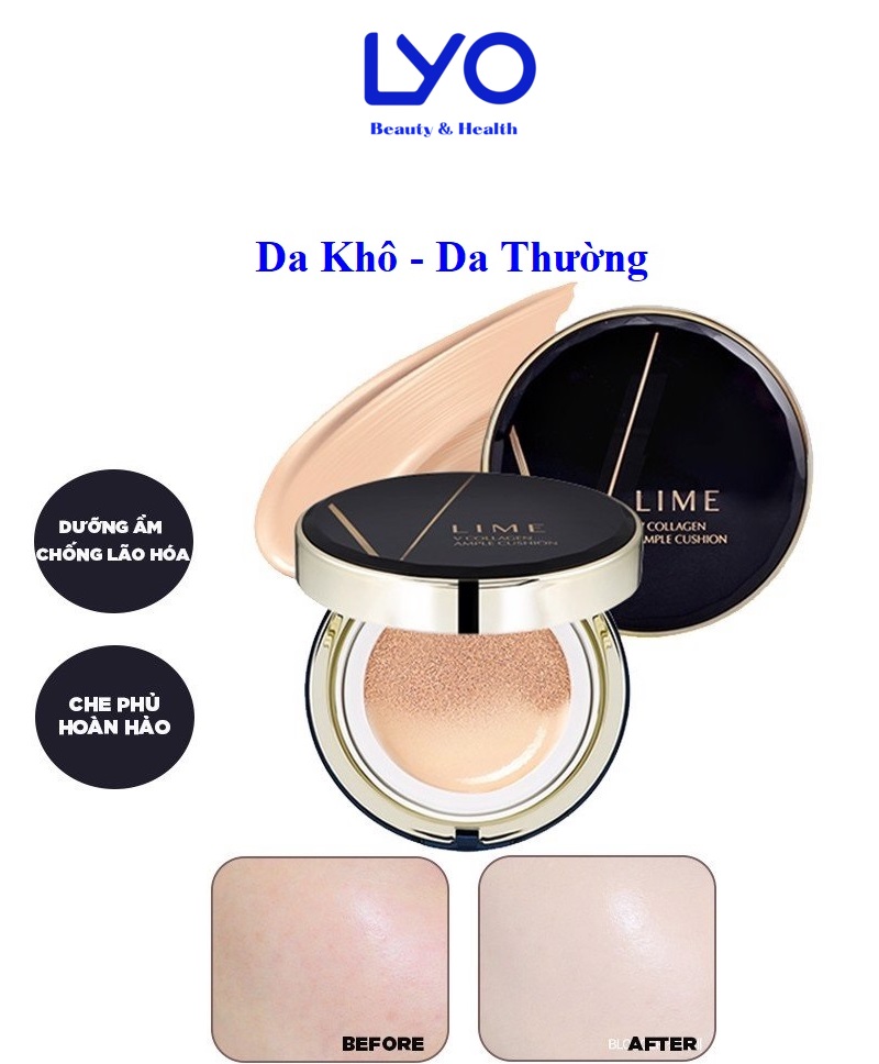 Phấn nước Lime V Collagen Ample Cushio SPF50+ PA+++ (Màu xanh) và Real Cover Pink Cushion SPF50+ PA+++ (Màu trắng)