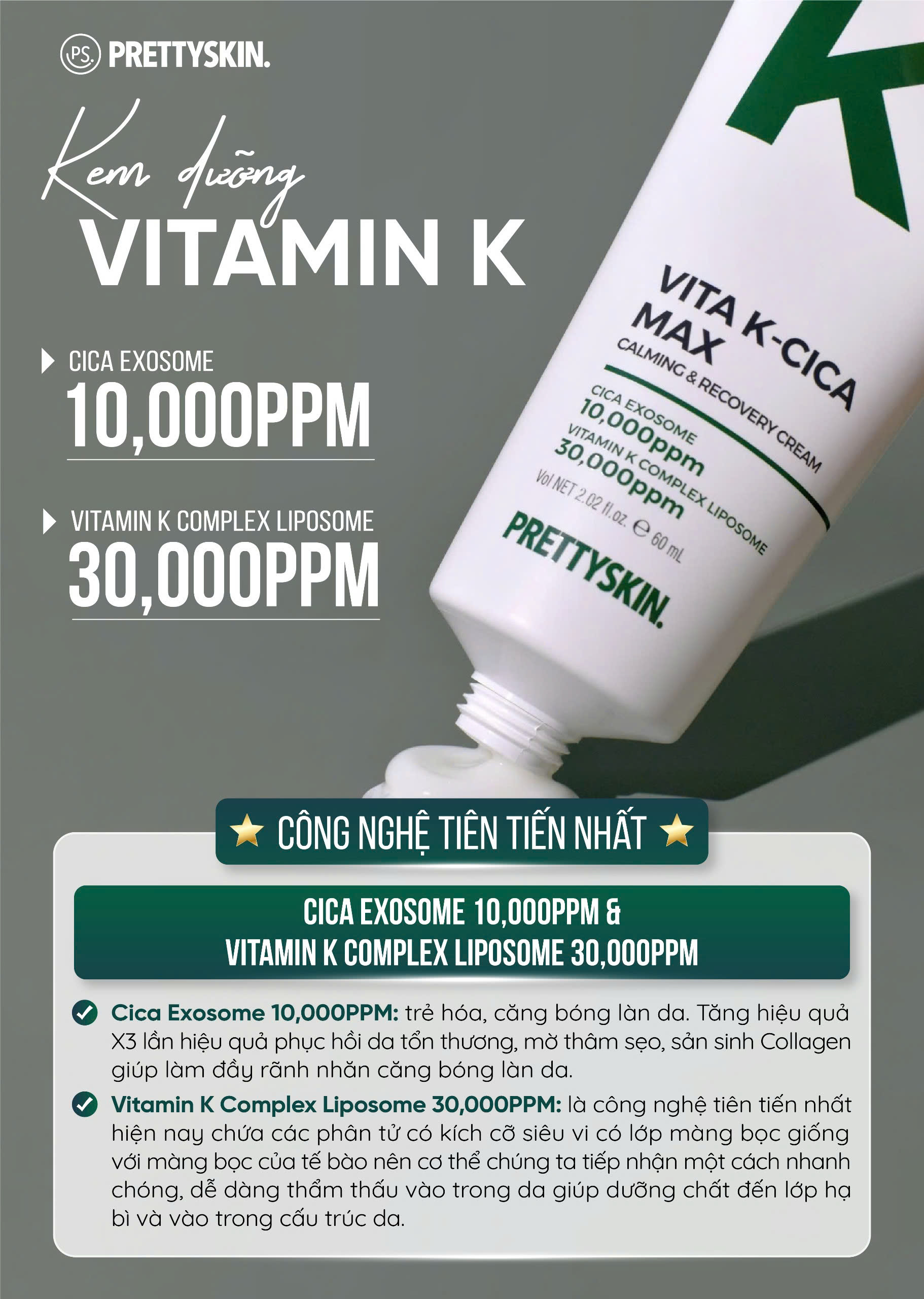 Serum & Kem Dưỡng Cấp Ẩm, Giảm Mụn Prettyskin Vita K-Cica AC Clear Treatment / Max Calming & Recovery Cream Hàn Quốc