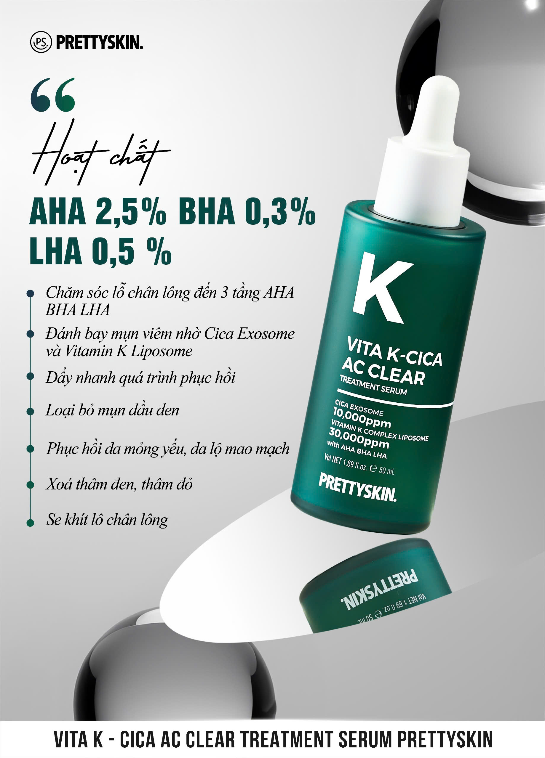 Serum & Kem Dưỡng Cấp Ẩm, Giảm Mụn Prettyskin Vita K-Cica AC Clear Treatment / Max Calming & Recovery Cream Hàn Quốc