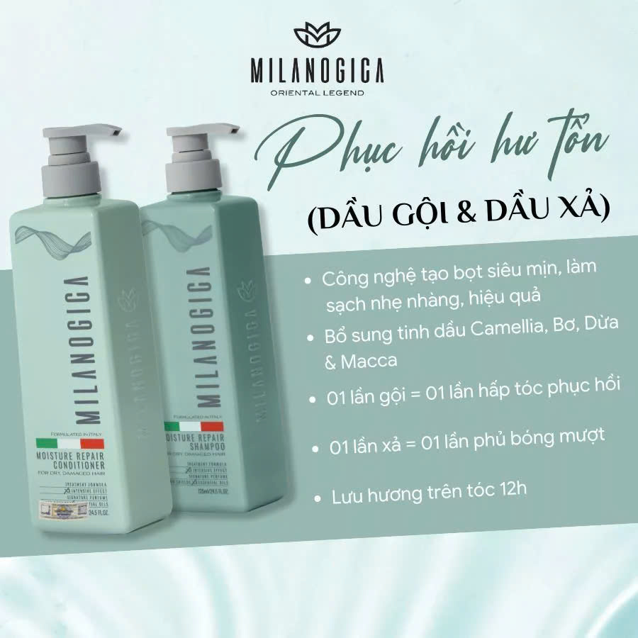 Bộ Dầu Gội Xả Hương Nước Hoa Phục Hồi, Giúp Tóc Sạch Gàu Milanogica Shampoo / Conditioner 355ml - 725ml