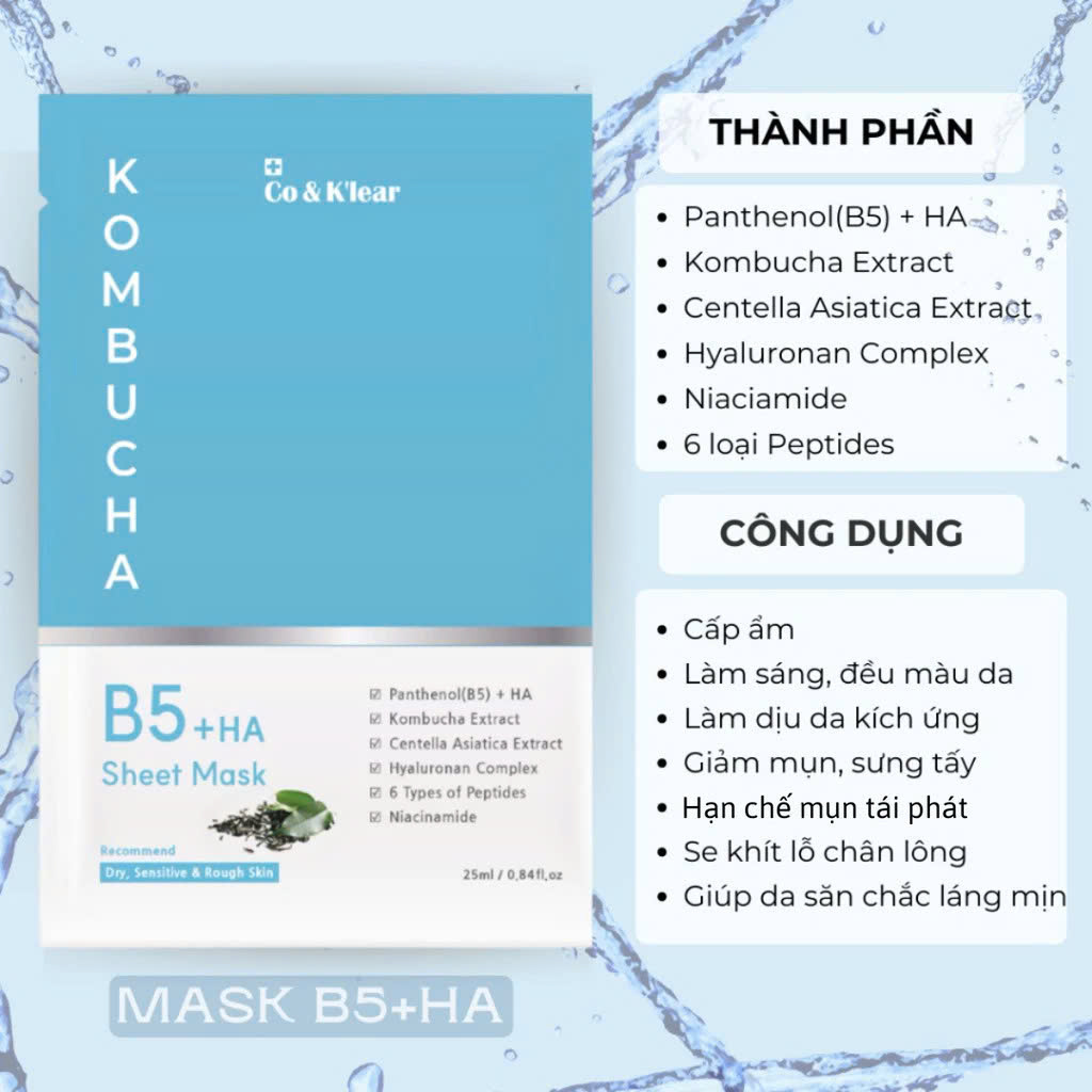 Combo 10 Miếng Mặt Nạ Cấp Ẩm, Dưỡng Trắng & Làm Dịu Da Co & K'lear Kombucha B5 + HA Sheet Mask Hàn Quốc 25ml