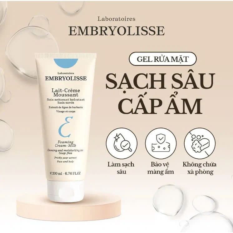 Sữa Rửa Mặt Cấp Ẩm, Làm Sạch Sâu Embryolisse Lait-Creme Moussant Pháp 200ml