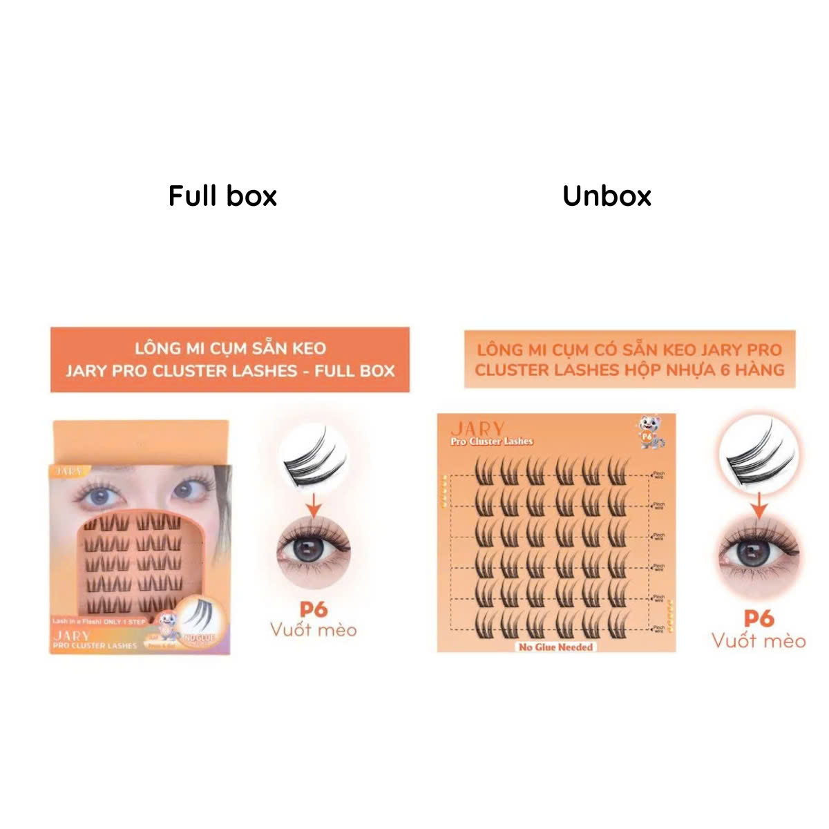 Lông Mi Cụm Cao Cấp Có Sẵn Keo Jary Pro Cluster Lashes Full Box Hộp Nhựa 6 Hàng