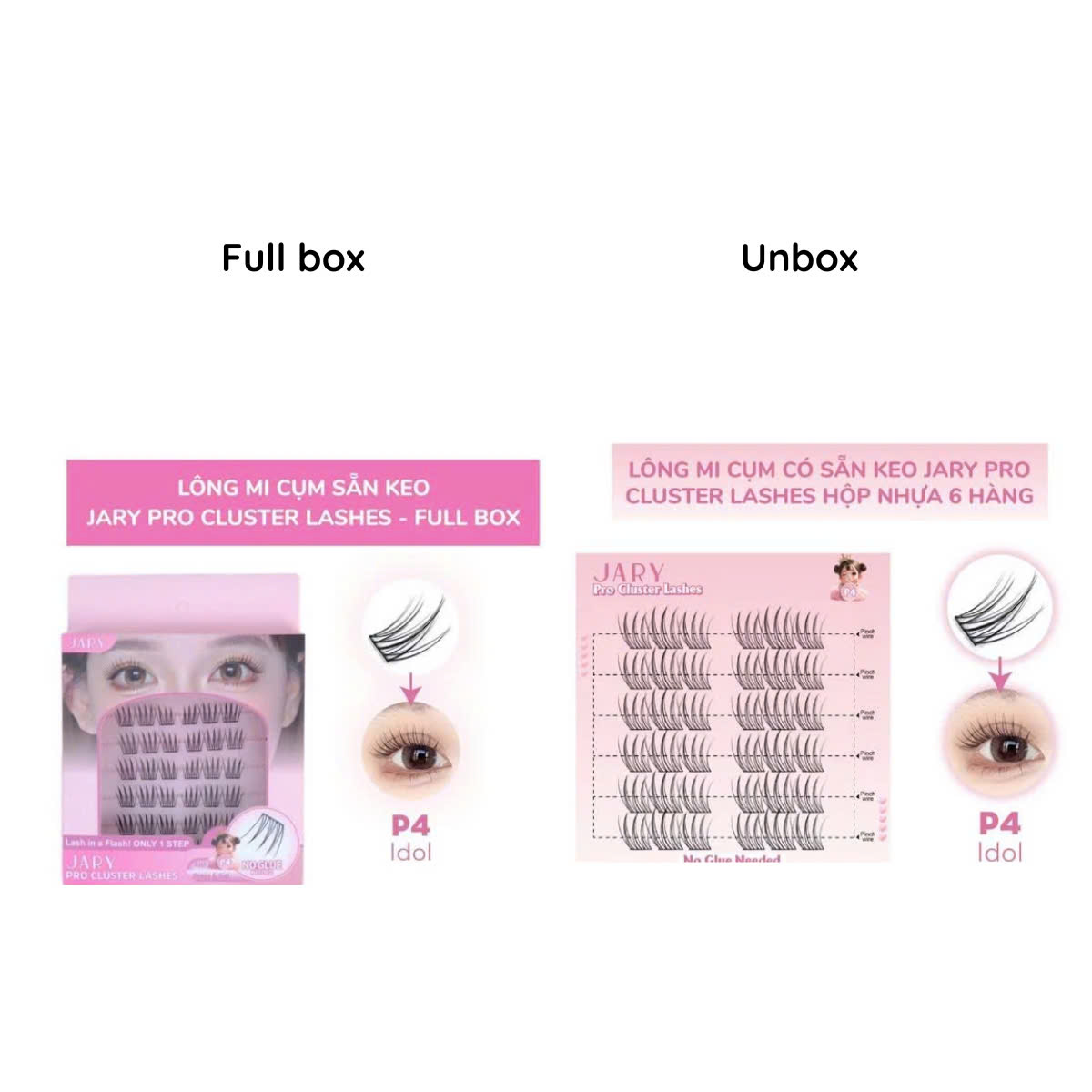Lông Mi Cụm Cao Cấp Có Sẵn Keo Jary Pro Cluster Lashes Full Box Hộp Nhựa 6 Hàng