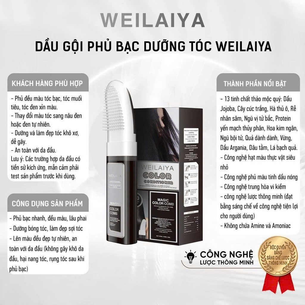 Dầu Gội Phủ Bạc Giúp Làm Đen Tóc, Kích Thích Mọc Tóc Chắc Khỏe Weilaiya Magic Color Comb 3 Màu Sắc Thời Trang 100ml